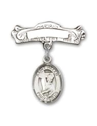 Sterling Silver Baby Badge with St. Helen Charm and Arched Polished Badge Pin