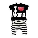 powerya　子供服　男女共用　２点セット　ｔシャツ　ズボン　I love mama I love papa ストライプ　綿　夏　半袖　超可愛い　2－7才　２色　５サイズ選択 (100, ブラックI