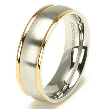 Gold Trim Stainless Steel Men's Wedding Band Ring 7mm