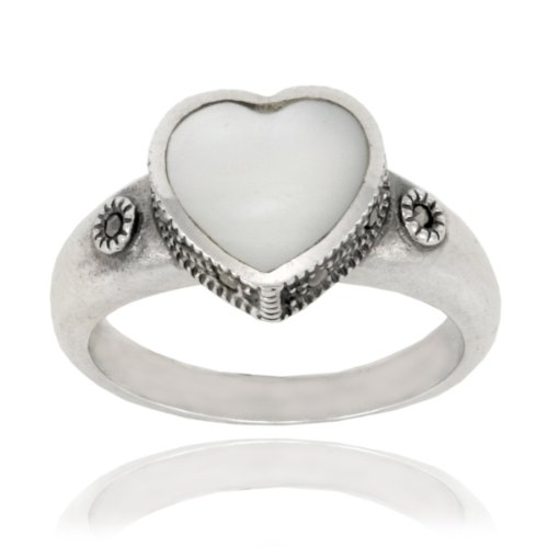 Sterling Silver Marcasite and Mother-of-Pearl Heart Ring, Size 9