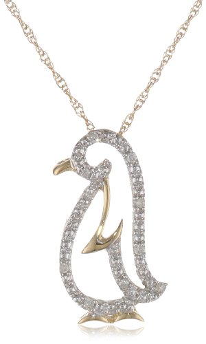 XPY 14k Yellow Gold Diamond Penguin Pendant (.03 cttw, I-J Color, I2-I3 Clarity), 18"