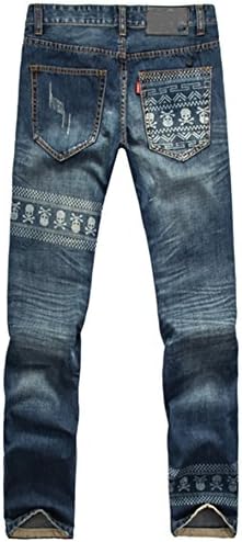 Nine Town Men's Skull Pattern Scratch Ripped Straight Jean Blue
