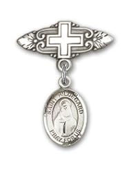 Sterling Silver Baby Badge with St. Hildegard Von Bingen Charm and Badge Pin with Cross