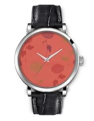 SPRAWL Aanalog Fashion Series Silver Ladies Watches of Genuine Black Leather Strap,Unique Wrist Watch for Women Girls Designed with Chrysanthemum flowers on red background