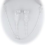 Sterling Silver Floral Link 30 Inch Long Necklace Italy Dangle Earrings