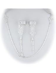 Sterling Silver Floral Link 30 Inch Long Necklace Italy Dangle Earrings
