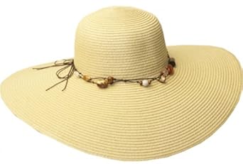Womens Upf 50+ 100% Paper Straw Beaded Accent Wide Brim Floppy Hat