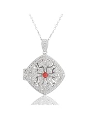 Sterling Silver and Garnet Cubic Zirconia Square Locket Pendant