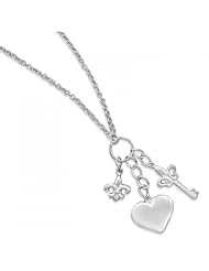 MMA Silver - 16 inch Rhodium Plated Necklace with Heart, Key and Fleur- de -Lis Charm