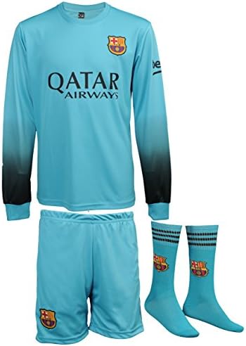 2015/2016 Barcelona Lionel Messi #10 Away Turquoise Football Soccer Long Sleeve Jersey & Shorts & Socks Youth Sizes (L - 152 (Ages 8-9))