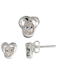 Sterling Silver Matte-finish Fancy Stud Earrings (7mm tall) & Pendant Slide (9mm tall) Set, w/ Oval Cut CZ Stones