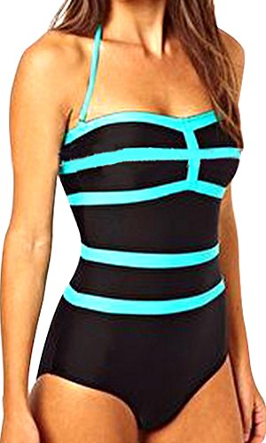 Women's Blue Stripe Halter One Piece Swimsuit