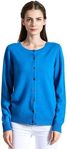 Women's 100% Pure Cashmere Long Sleeve Button Front Crew Neck Cardigan (Large, Blue)