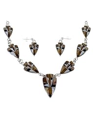 Silver Tiger Eye Multicolor Link Necklace Earrings Jewelry Set NS41225