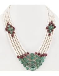 Designer Handcrafted Natural Ruby, Emerald & Fresh Water Pearl Beaded 5 Strands Necklace