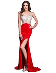 Sexy V-neck Crystals Slit Crystal Open-Back Sheer Sequined Beaded Illusion Backless Sleeveless Cocktail Floor Length Evening Dress/Homecoming Dress/Bridesmaid Dress/Pageant Dress/Prom Dress/Party Dres