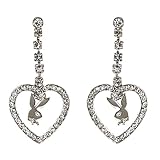 Playboy Ladies Platinum Plated Diamante Heart Drop Earrings with Rabbit Head Charm