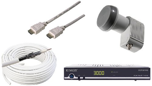 Schwaiger SATSET30 SAT HD Umrüstset (Analog auf digital HD, Receiver (schwarz), single LNB (hellgrau), Kabel (weiß))