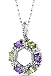 Amethyst and Peridot Hexagon Pendant Necklace Sterling Silver 1.5 Carats