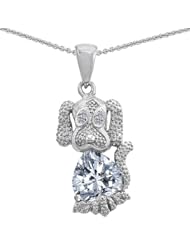 Candygem 925 Sterling Silver 1inch Dog Lover Puppy of Love Heart Pendant with 2cts of Genuine White Topaz . Free 18inch Silver Chain. Free High End Gift Box.