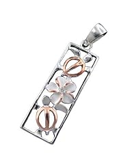 925 Silver Two Tone Rose Turtle & Plumeria Filigree Vertical Pendant Hawaiian Silver Jewelry