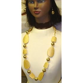 Large Ivory Rectangular Round Gold and Glass on Antique Gold Chain Necklace and Earrings for Women...