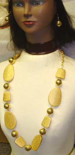 Large Ivory Rectangular Round Gold and Glass on Antique Gold Chain Necklace and Earrings for Women and Teens