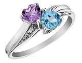 Blue Topaz and Amethyst Double Heart Ring with Diamonds 4/5 Carat (ctw) in 10K White Gold
