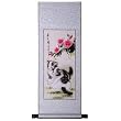 Handmade Asian Wall Art Scroll Painting On Textured Green Brocade - Cats & Spring Flowers