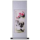 Handmade Asian Wall Art Scroll Painting On Textured Green Brocade - Cats  Spring Flowers