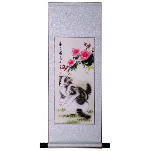 Handmade Asian Wall Art Scroll Painting On Textured Green Brocade - Cats & Spring Flowers
