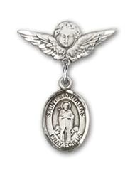 Sterling Silver Baby Badge with St. Barnabas Charm and Angel with Wings Badge Pin