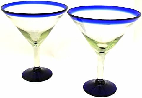 Pair of Blue Rim Martini / Margarita Glasses Blown Glass