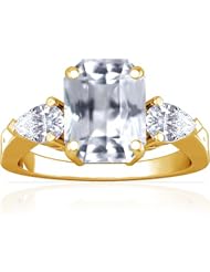 18K Yellow Gold Emerald Cut White Sapphire Three Stone Ring