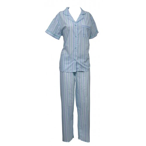 Womens/Ladies Short Sleeve Striped Pyjamas Set (UK 10-12 EURO 38-40) (Blue/White/Green Stripe)