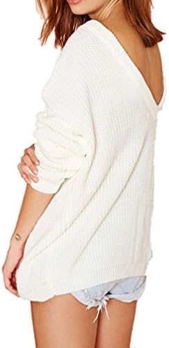 Mantos Women's Boat Neck Loose Ribbed Casual Pullover Sweater With V Back