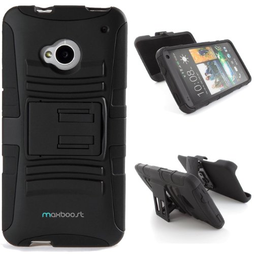Maxboost HTC One Case (M7) Shell Holster Combo - Dual Layered Protective Case for HTC One M7 with Kick-Stand Belt Clip Holster - Fits HTC One M7, HTC M7 2013 Release 4.7 Inch