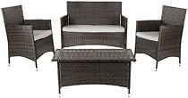 Big Sale Safavieh Home Collection Briana Brown Outdoor Living Wicker Patio Set with Grey Cushions, 4-Piece