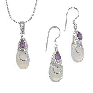 Sterling Silver Amethyst and Sea Opal Earrings and Pendant Set By Sajen. 18 by Sajen Sterling Silver