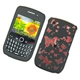 Red Multiple Butterfly with Black Snap on Rubberized Hard Skin Cover Case for Blackberry Curve 8520 8530 + Microfiber Cell Phone Bag