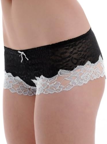 Fun and Feminine Black and Pale Grey Lace Boy Short Womens Low Rise Cheeky Panty Sizes: Small