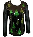 The Collective Works of Berek 3/4 Sleeve, Contoured Black Sweater Accented With Shimmering Black Sequins Overlaid with Gold  Green Trees on a 100% Rayon Scoop Neck Design - Holiday Trees