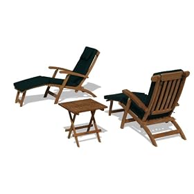 Two Serenity Teak Steamer Chairs with GREEN cushions and Picnic Garden Table Set - Special Offer!