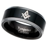 Men's Tungsten Carbide Ring Mason Freemason Masonic black plated (Available Sizes 8-15 including half sizes)