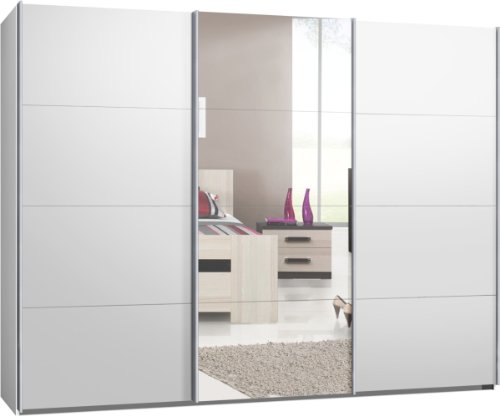 Schwebetürenschrank, Kleiderschrank, ca. 300 cm, Weiß mit Spiegel, Schiebetürenschrank
