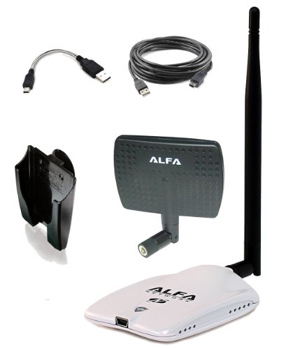 Alfa AWUS036NHR - High-Gain 2000mw 2W 802.11 B/G/N Wireless USB Network Adaptor With 5dBi antenna and a Mini bendable Flex cable and a Suction cup / Clip Window Mount dock and a 5m (16.4 Feet) USB Cable - Wireless-N 802.11n Wi-Fi - 150Mbps - 2.4 GHz - 5dBi Antenna - Long Range - Realtek Chipset - Strongest on the Market