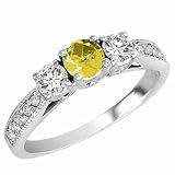 10K Gold Round 3 Stone Diamond and Lemon Quartz Ring With Milgrain Pave Set Shank (0.95 ctw)