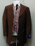 Mens New Brown Pinstripe Three-Piece Dress Suit with Paisley Vest, Made of High Quality Super 150s