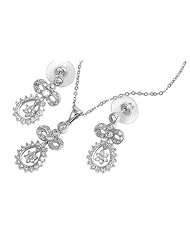 Sterling Silver Fancy Teardrop w/ Ribbon Design CZ Necklace Set