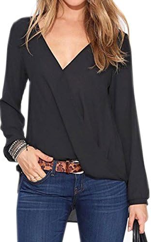 FINEJO Women's Sexy V-neck Long-sleeved Solid Shirt Tops Blouse T-shirt